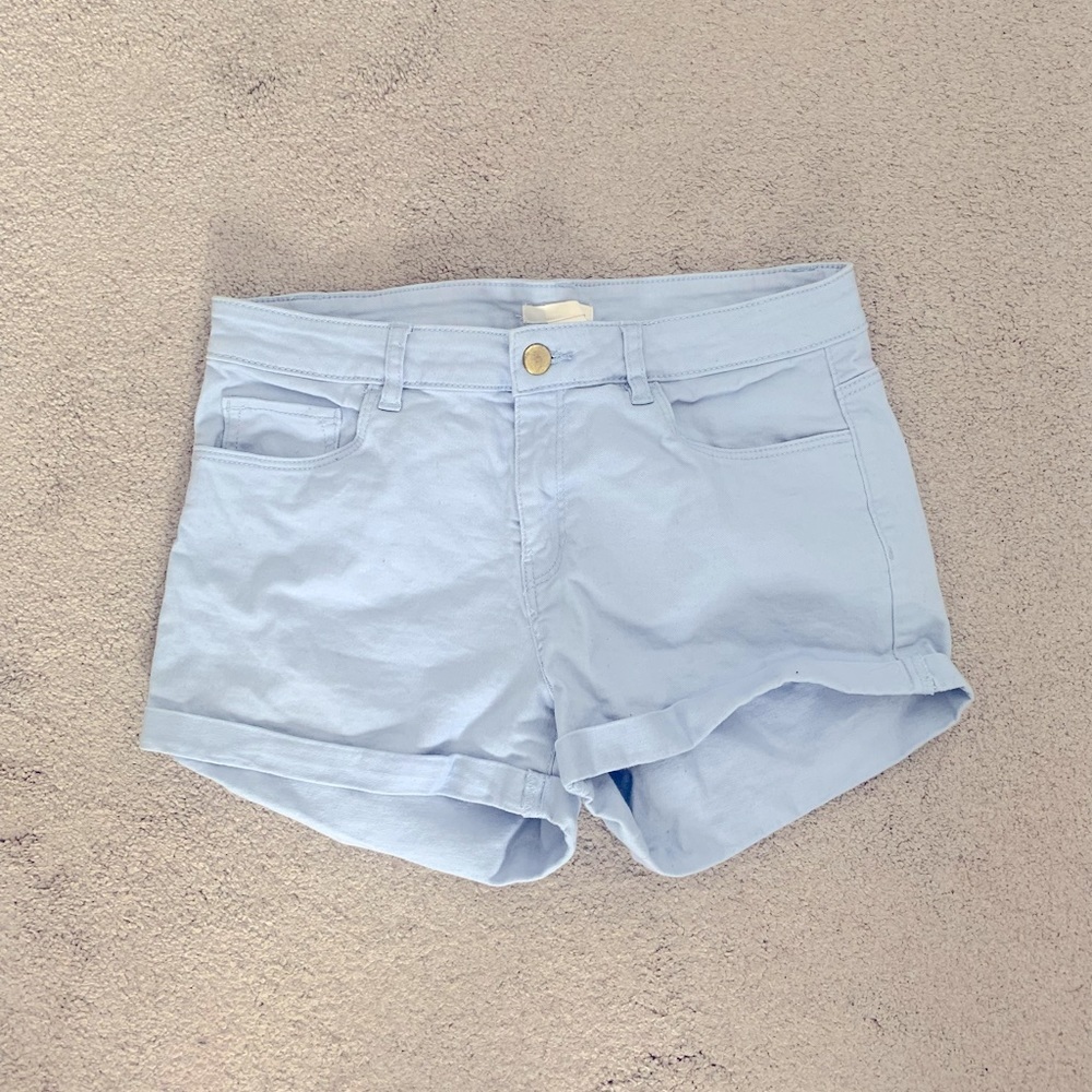 H&M Blue Denim Style High Waisted Shorts Size 6 Small Gold Button